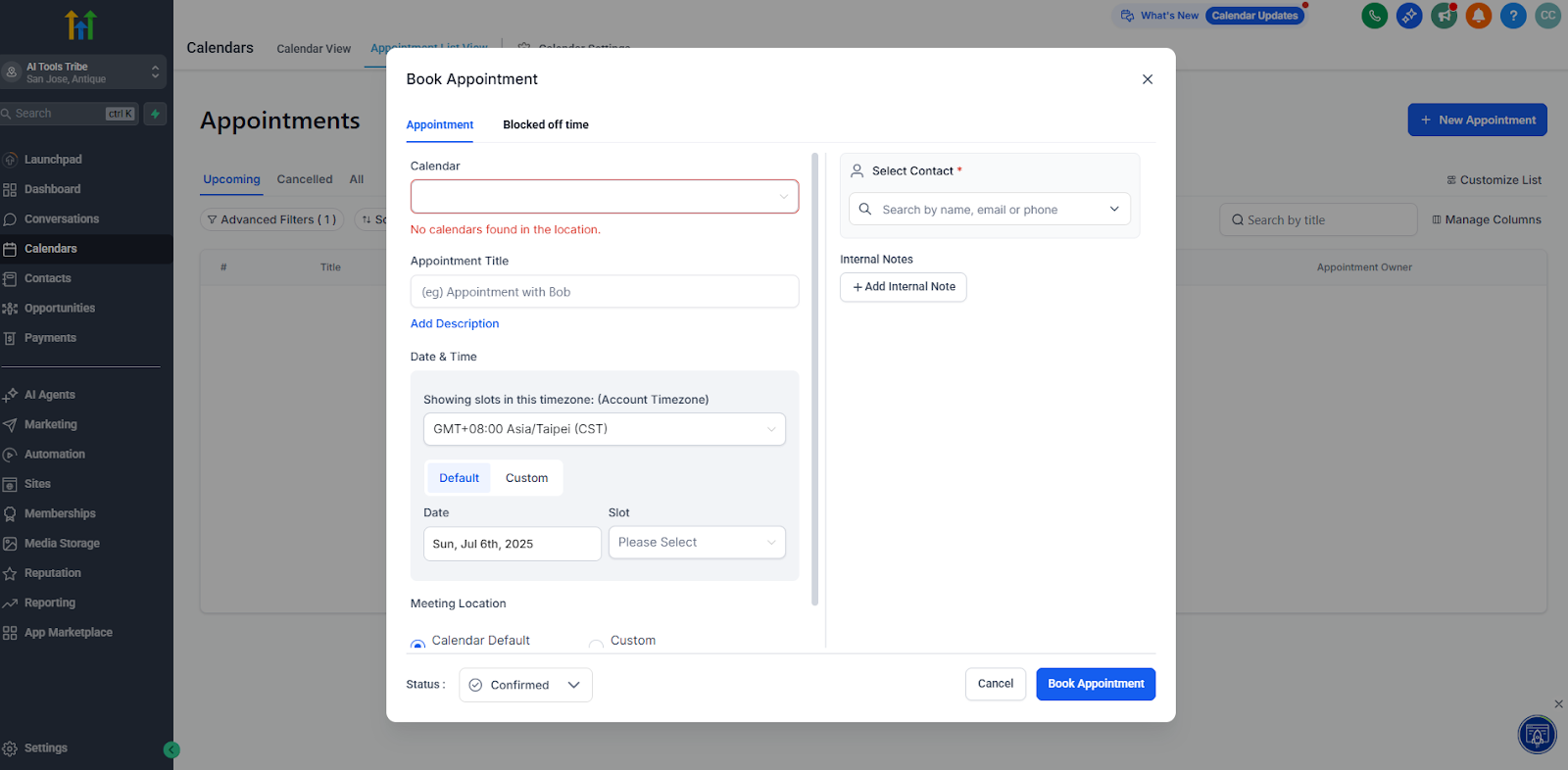 GoHighLevel appointment window showing fields for calendar selection, contact, date, time slot, and meeting details.