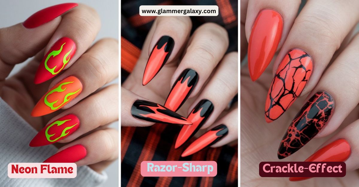 An image of 3 pictures of Neon Flame , Razor-Sharp and Crackle Effect nail paint designs