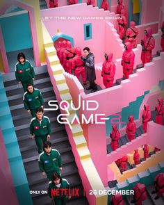 This contains an image of a group of people in green and red suits stand on the stairs next to a pink building