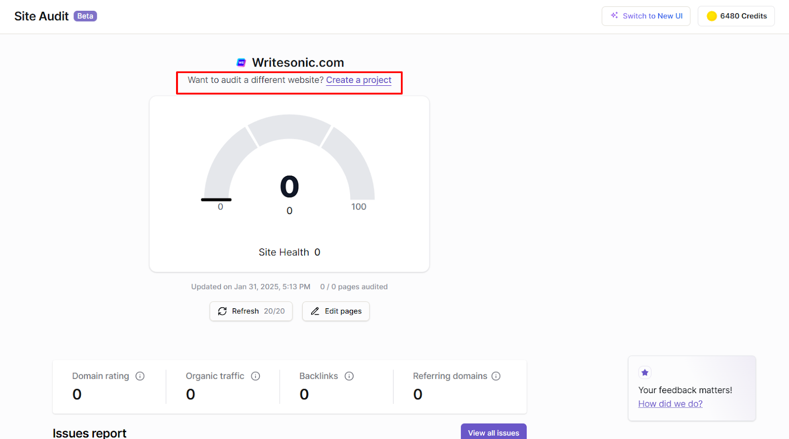 Writesonic's Site Audit tool