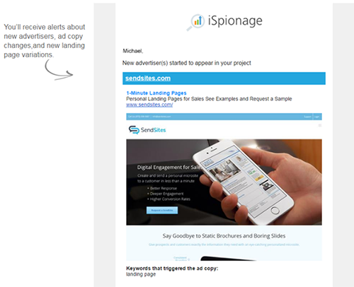 A notification from iSpionage about a new competitor landing page