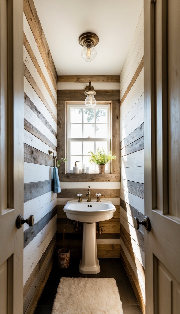 A rustic bathroom with weathered shiplap walls, vintage fixtures, and natural light streaming in through a small window