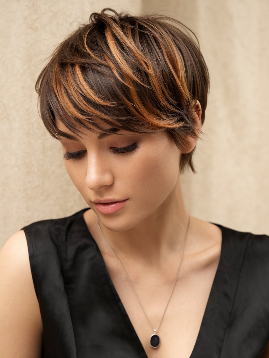 14. Brown Pixie with Caramel Highlights