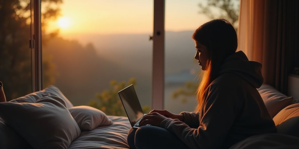 Person using laptop in a peaceful setting.