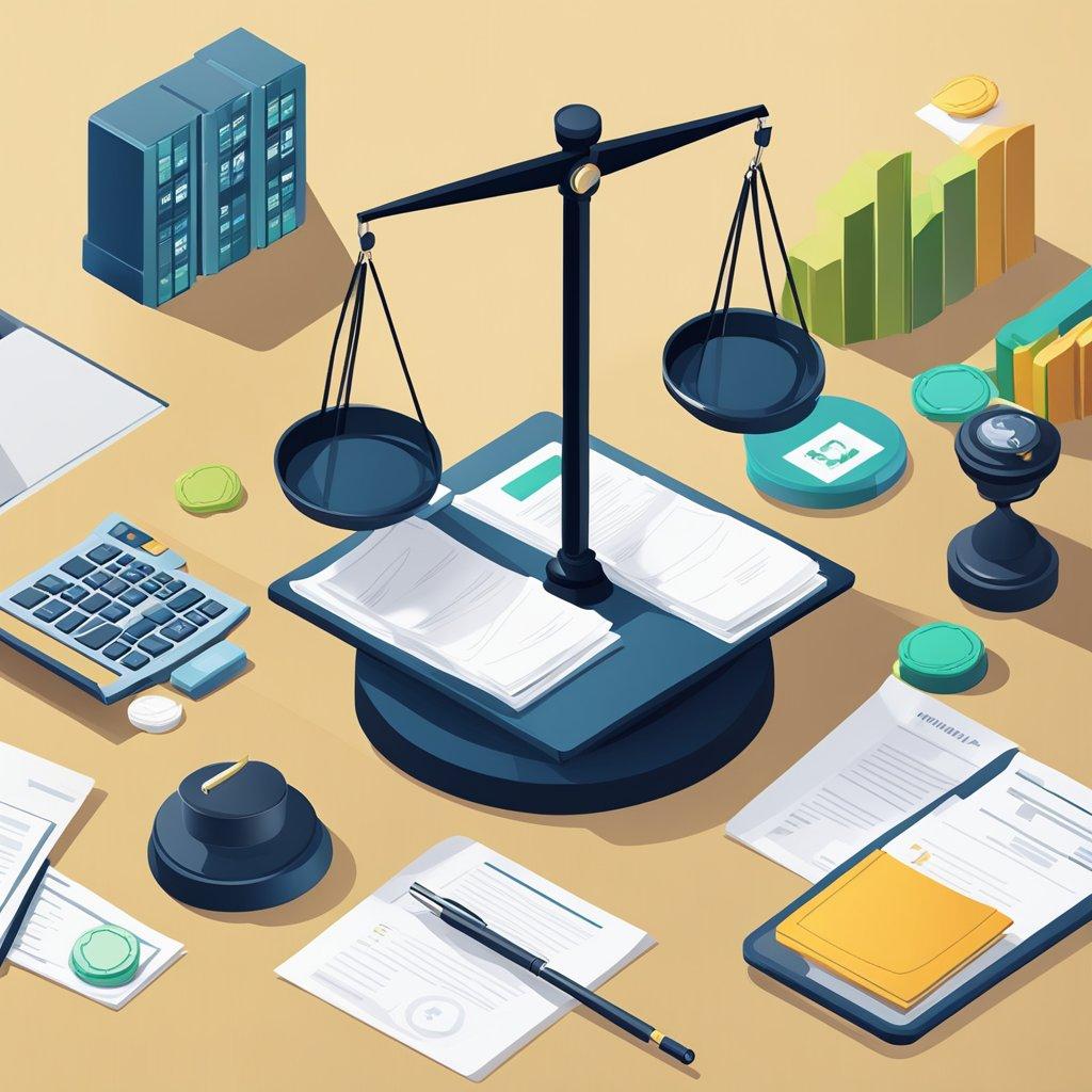 A scale weighing Australian legal documents with a gavel and computer representing online gambling laws