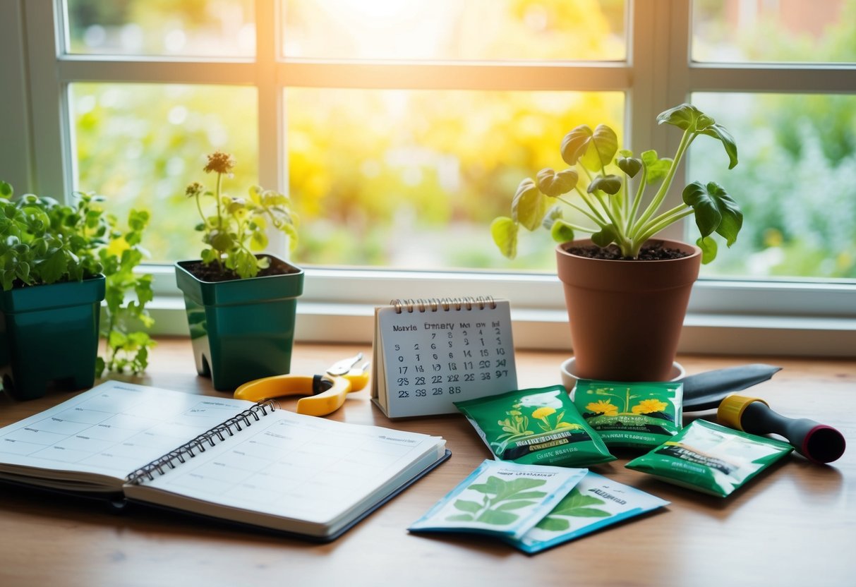 A table with a calendar, gardening tools, and seed packets laid out in front of a sunny window. A notebook with planting schedules and diagrams sits open nearby