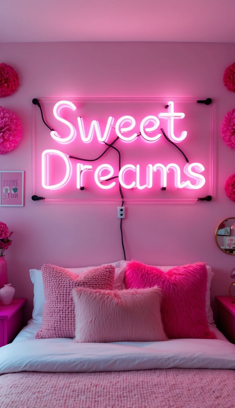 A cozy bedroom with a pink neon sign that reads "Sweet Dreams" surrounded by various pink decor and furniture