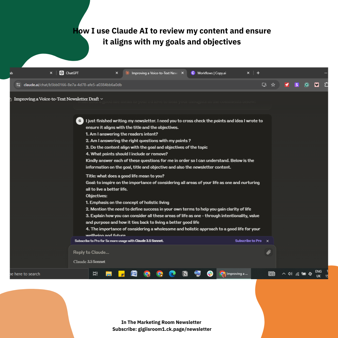 Image screenshot of how I use claude to review content goals and objectives