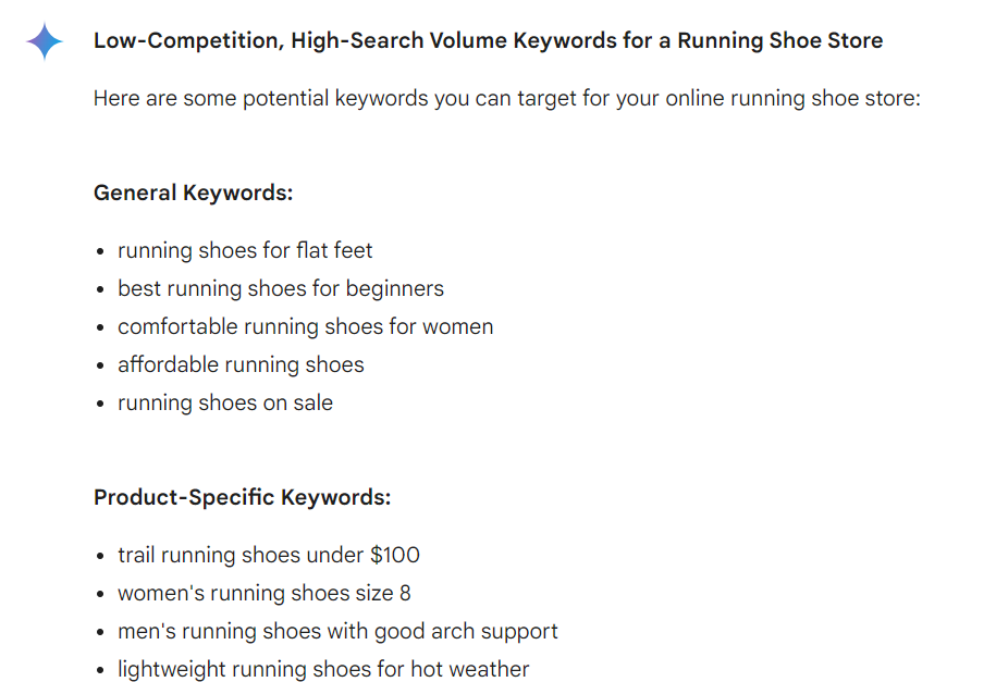 Gemini: low competition, high search volume keywords for a running shoe store