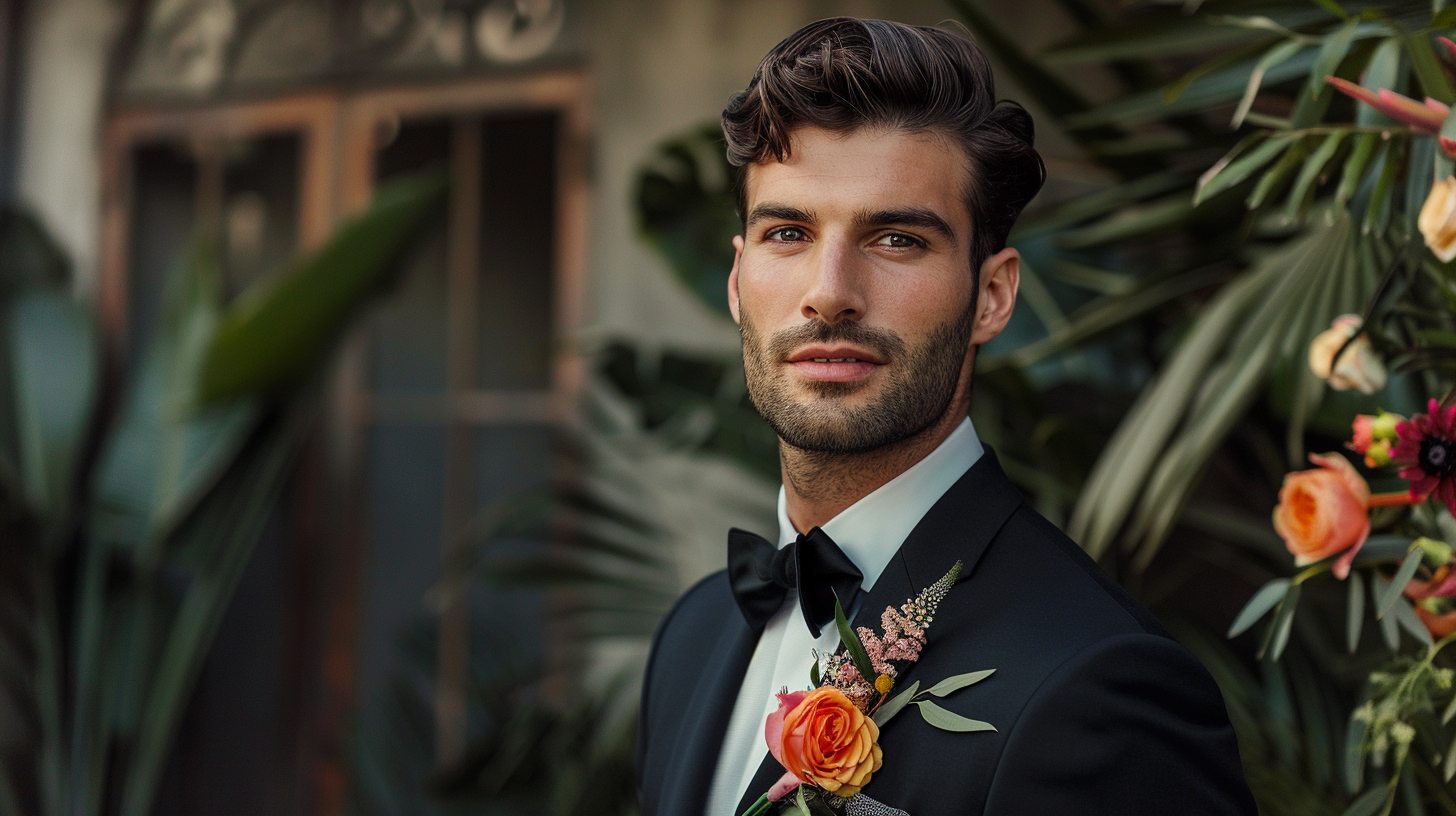 Man in a black suit with subtle patterns or jewel-tone accents, styled creatively for a modern or themed wedding. Urban or artistic venue in the background.