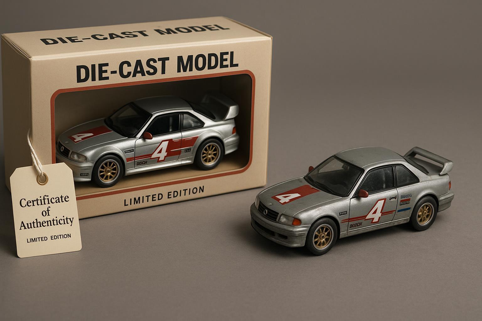 An image illustrating the factors affecting die-cast model value: a mint condition, limited edition racing die-cast car in its original, perfect box with a certification tag, contrasted subtly with a slightly worn model without packaging. Style: detailed product photography.