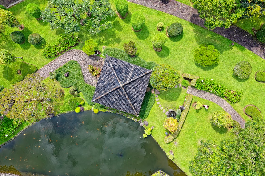 Aerial view of a small bungalow surrounded by a lush lawn, with neatly designed bushes and trees.
