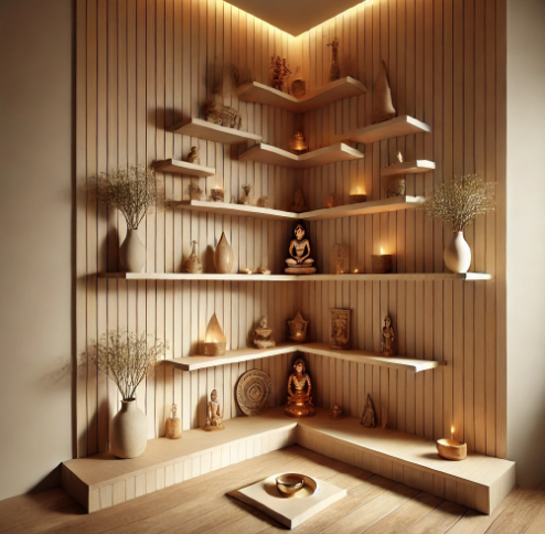 Stylish and serene puja room interior design that blends tradition with modernity.