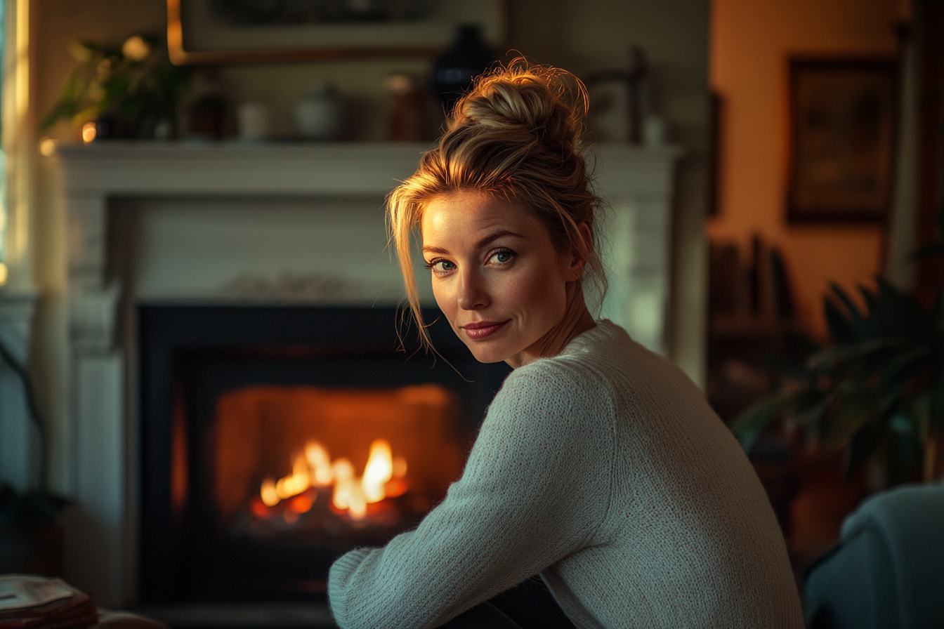 Woman kneeling by a fireplace smiling evilly | Source: Midjourney