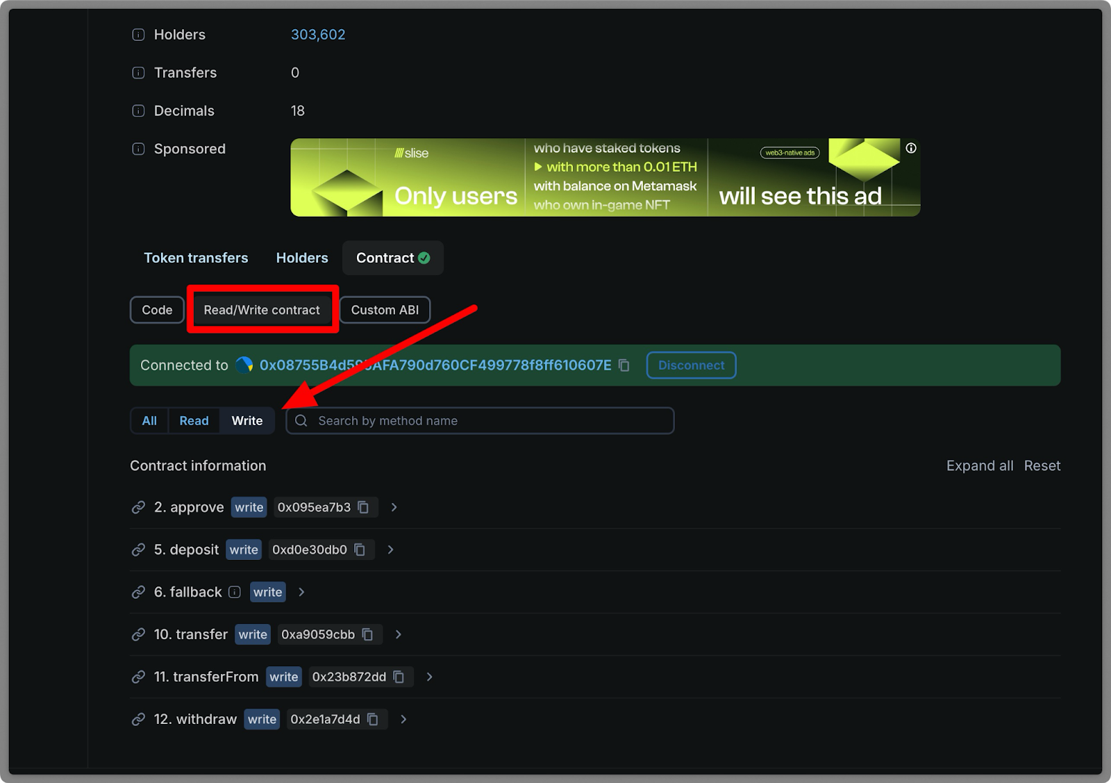 Smart contract Write interface on Blockscout showing connected wallet with writable functions including approve, deposit, fallback, transfer, transferFrom, and withdraw methods with hexadecimal method IDs for ERC-20 token contract interaction