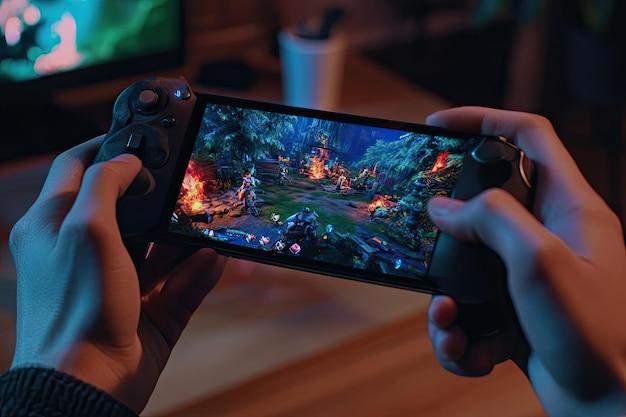 Person Playing a Mobile Game With an Intense Forest Battle on a Handheld Device in the Evening