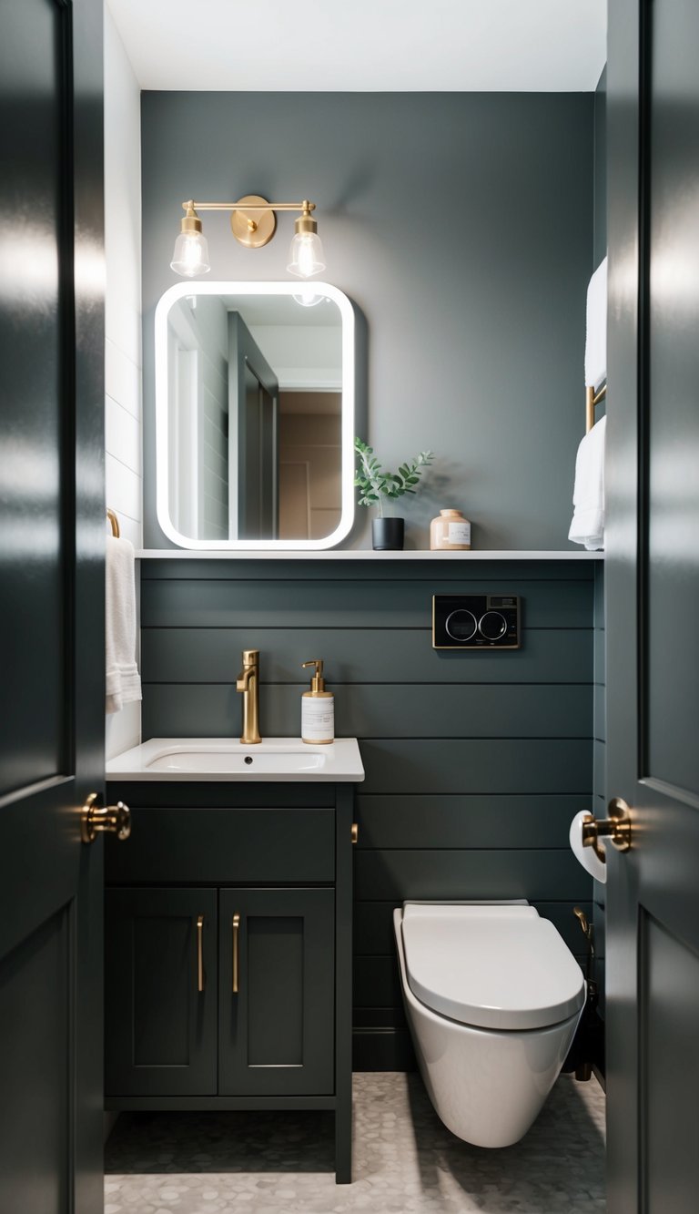 A small bathroom with dark gray shiplap walls, a modern minimalist design with clean lines and simple fixtures