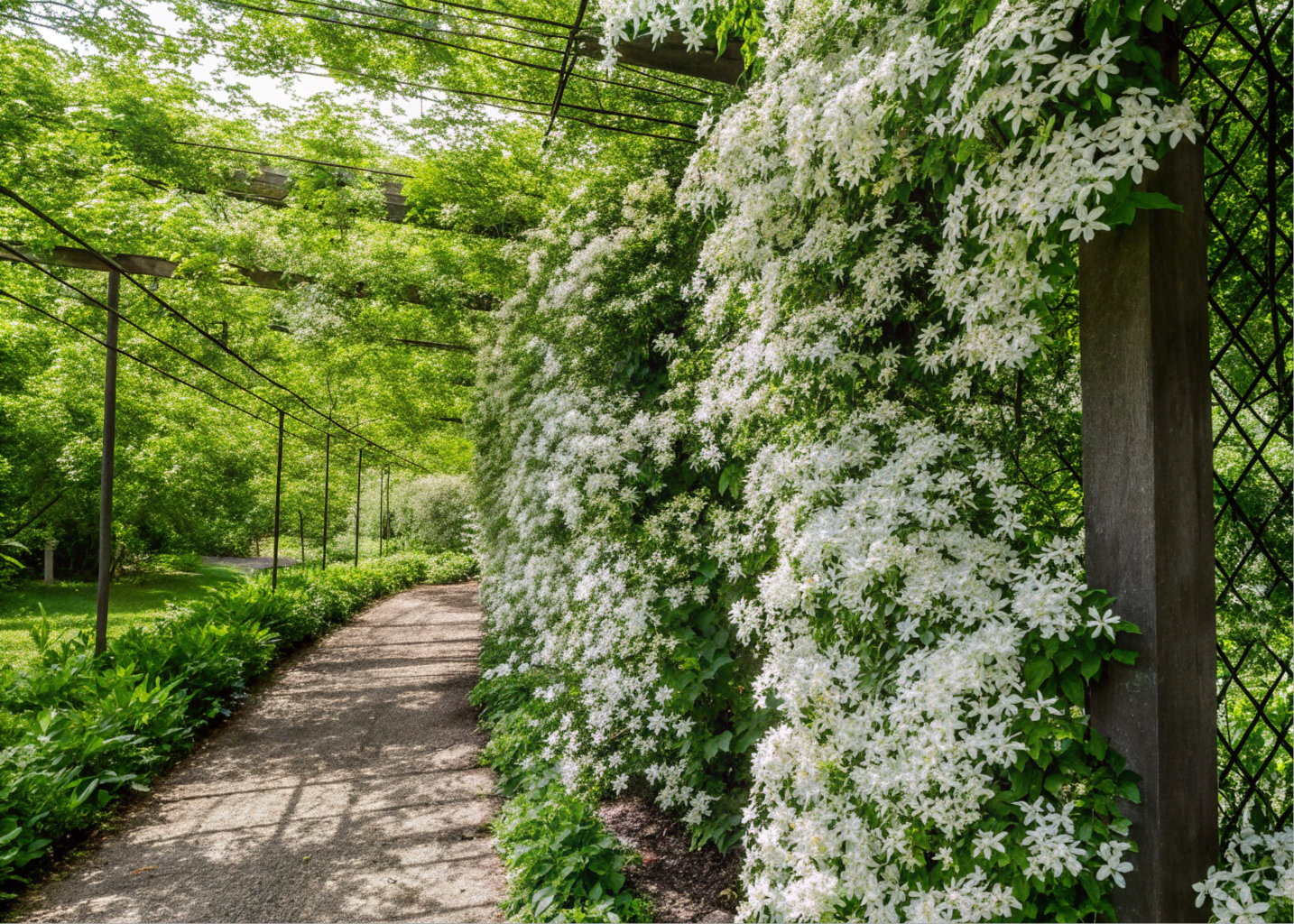 Jardim com cercas cobertas por Tumbérgia-branca, flores brancas em destaque.