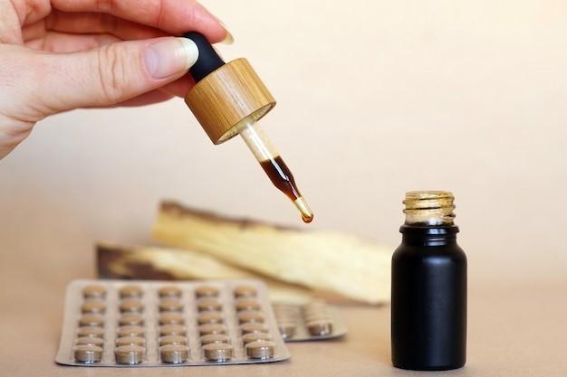 brown natural medicine in a small bottle with a pipette, Picture, Picture