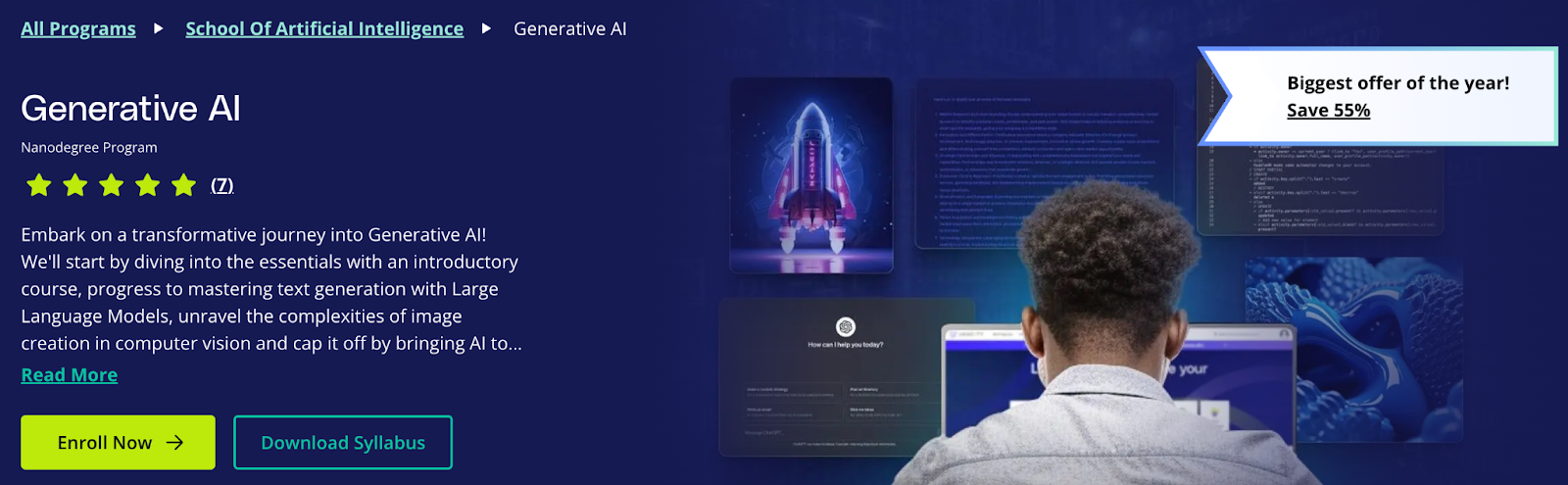 The Udacity landing page shows 7 five star reviews for their Generative AI video training resource.