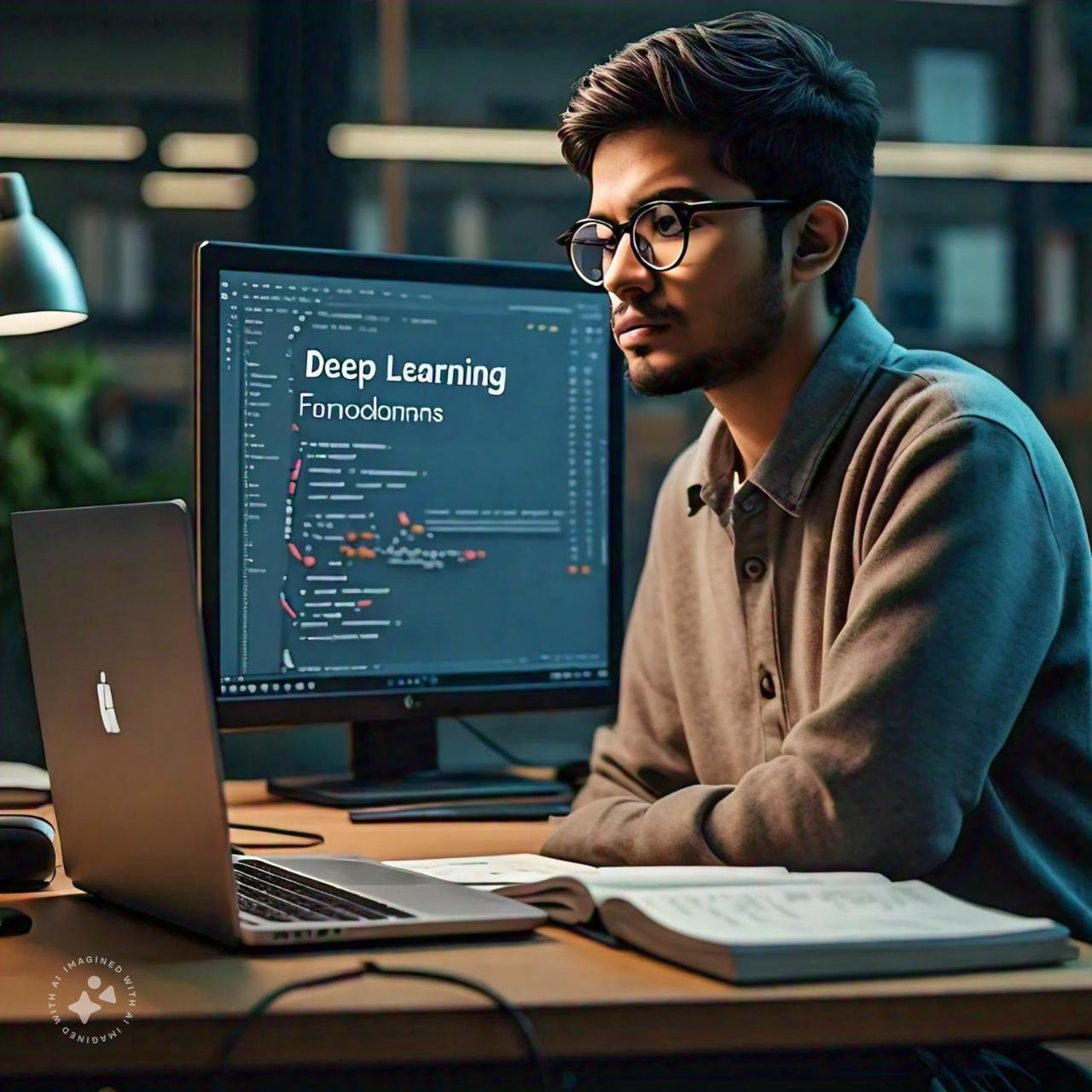 A person sitting at a desk with a computer and a book Description automatically generated