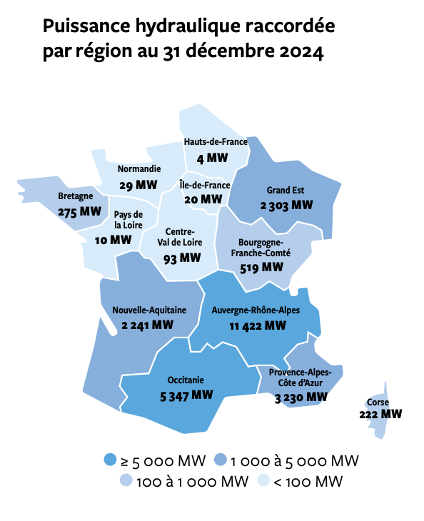 Puissance hydraulique raccordée par région au 31 décembre 2024
