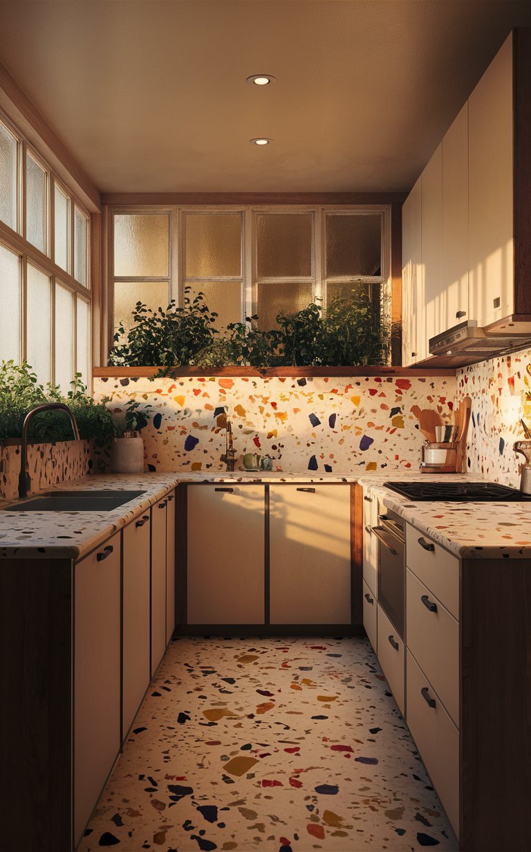  Terrazzo tiles are a trendy option that combines functionality with fun design. They add texture and color to a small kitchen, while their speckled design keeps things interesting without overwhelming the space.