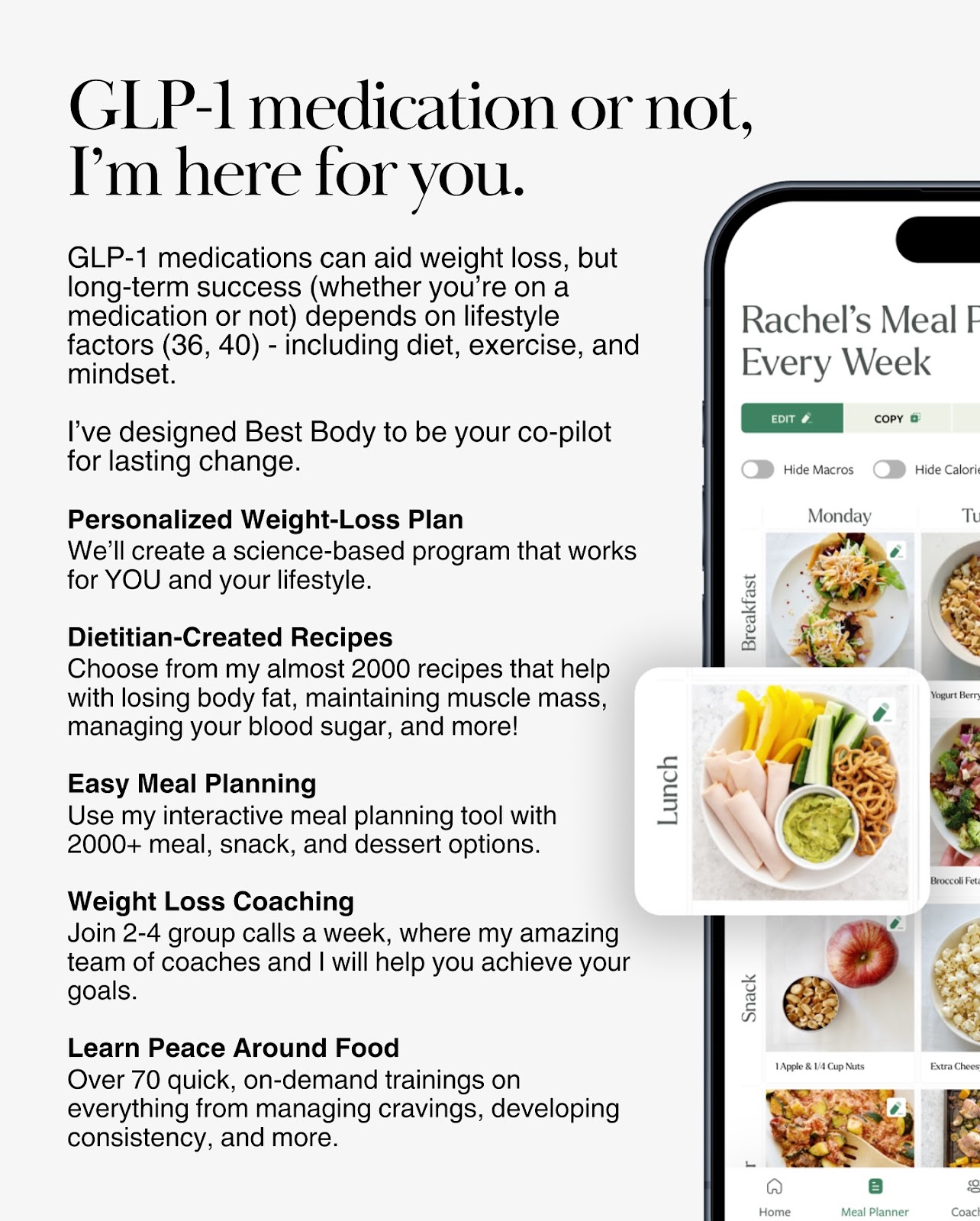 Screenshot of Best Body app showing meals, check-ins, and coaching