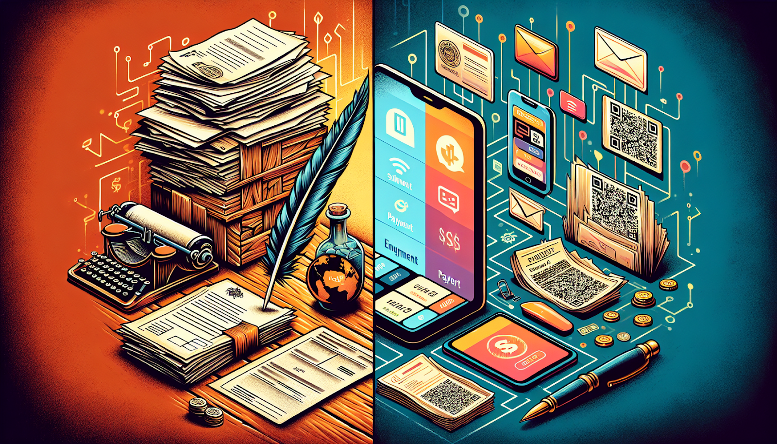 An illustration comparing traditional and digital freight payment methods.