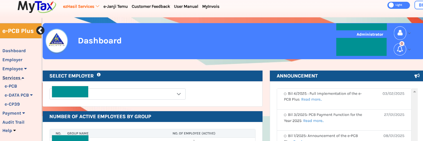 Screencap of MyTax Portal dashboard  showing Services navigation and option to select 'e-PCB, e-DATA PCB or e-CP39' options