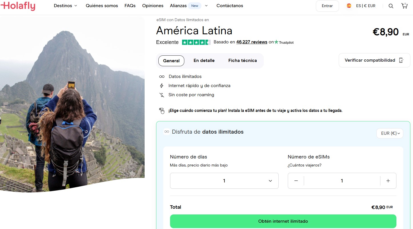 Opciones de planes de datos para América Latina en la tienda virtual de Holafly