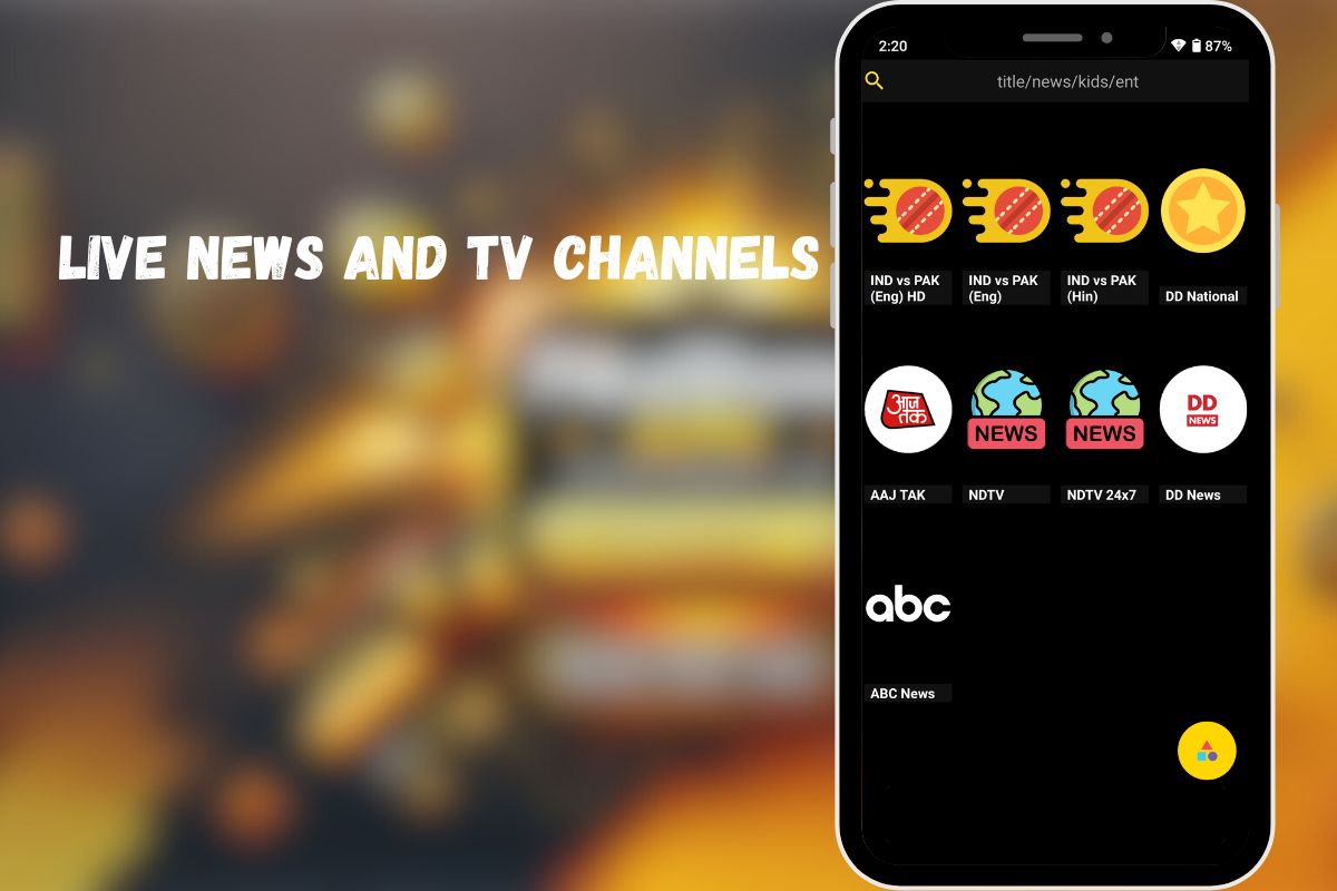 Mobile screen showing live news and TV channel options, with the text "LIVE NEWS AND TV CHANNELS."