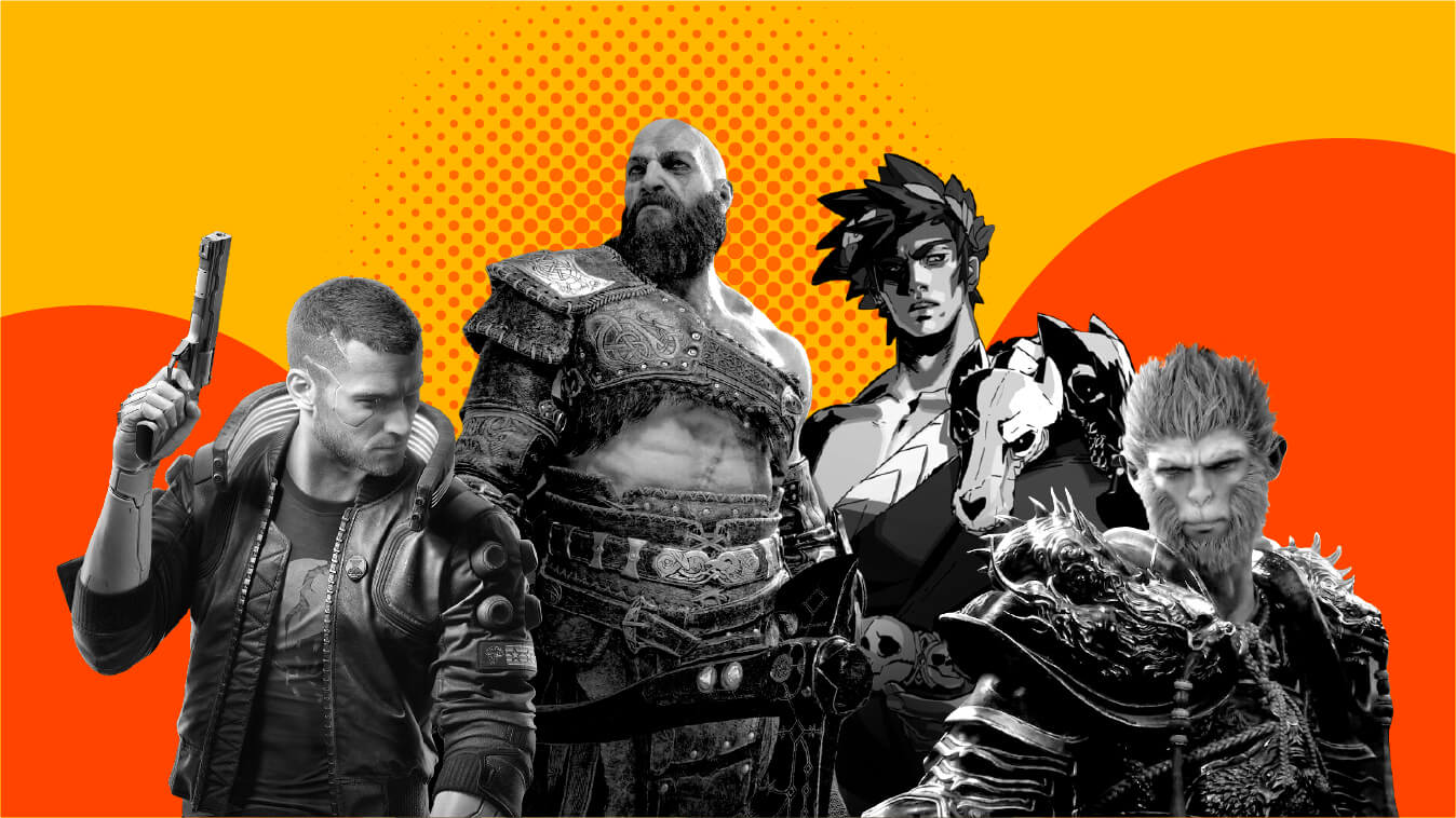 Photo collage featuring the main characters from the best single-player games including God of War, Cyberpunk, Black Myth Wukong, and Red Dead Redemption.