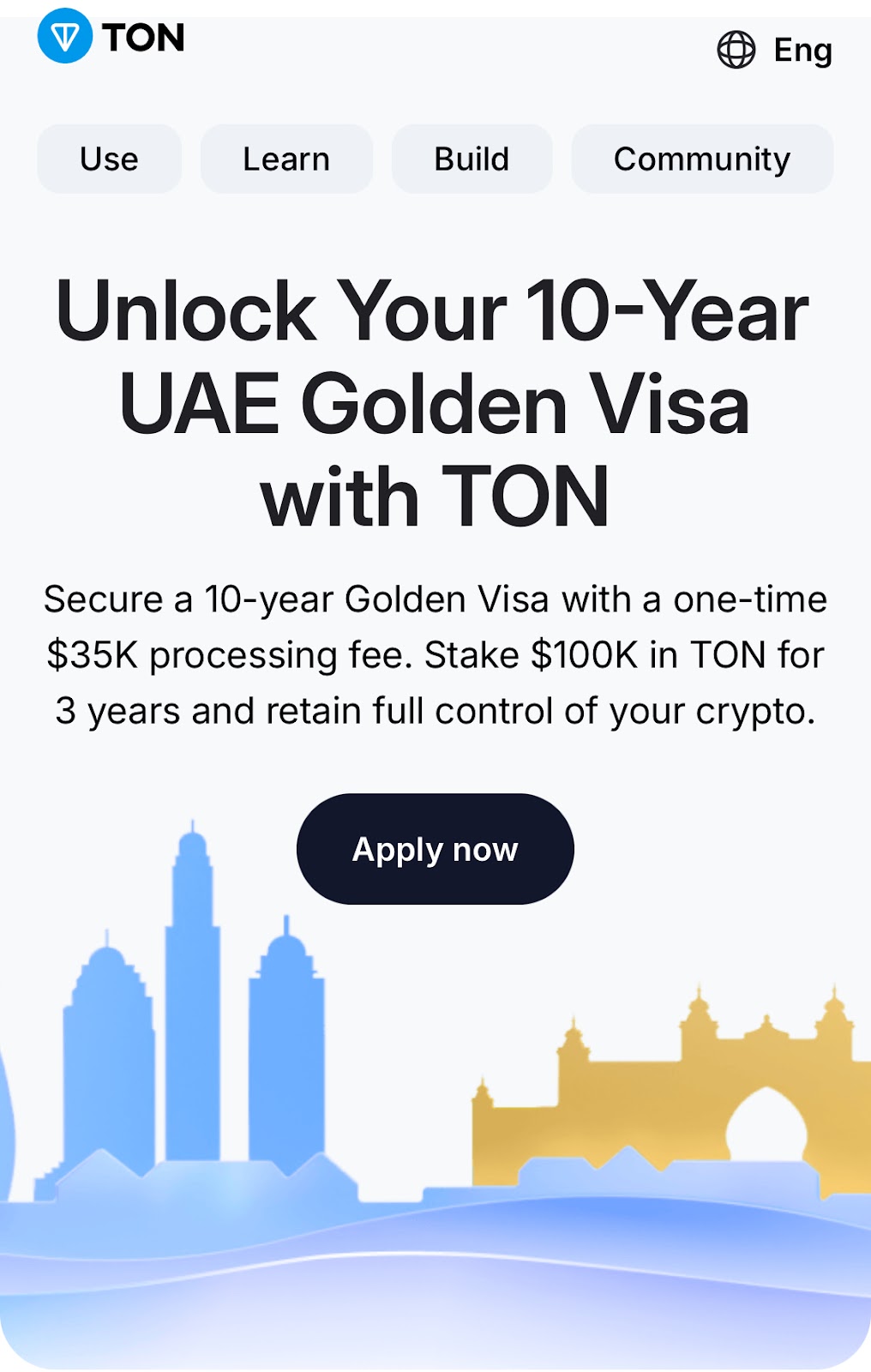 Toncoin rolls out 10-year UAE golden visa for TON token stakers.