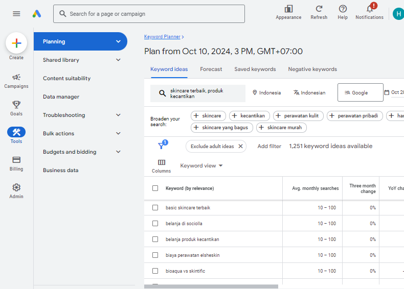 Screenshoot interface google keyword planner