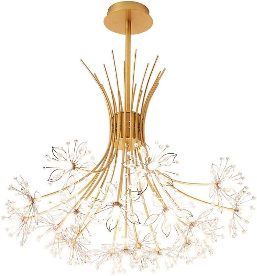 A decorative gold chandelier with an intricate dandelion design made from glass.