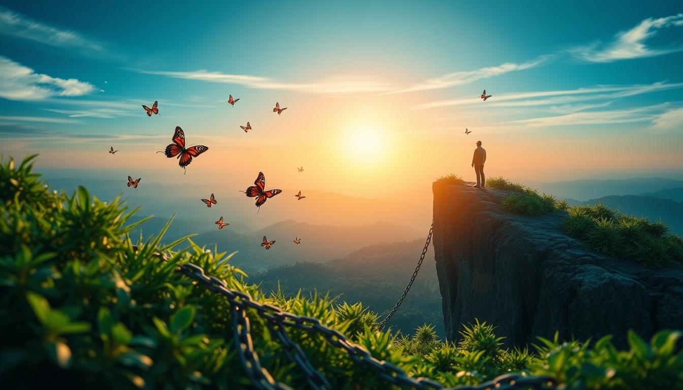 A serene landscape depicting a person standing at the edge of a cliff, looking out towards a bright horizon with the sun rising, symbolic butterflies fluttering around, breaking free from chains lying on the ground, lush greenery surrounding the scene, representing growth and transformation.