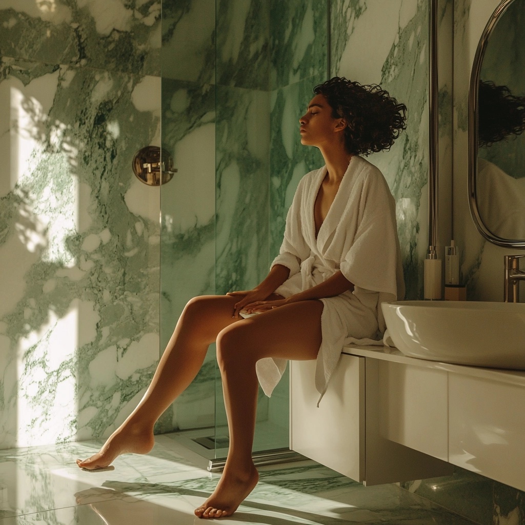 Black woman sitting in her modern bathroom in a white robe showcasing her glowing skin due to body oil