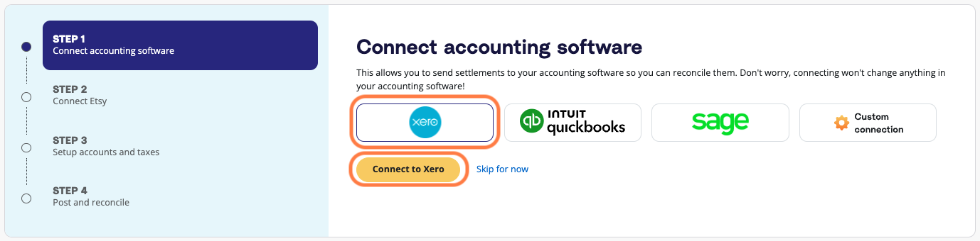 A screenshot showing the prompt to connect to your accounting software in A2X, with the Xero and Connect to Xero button highlighted