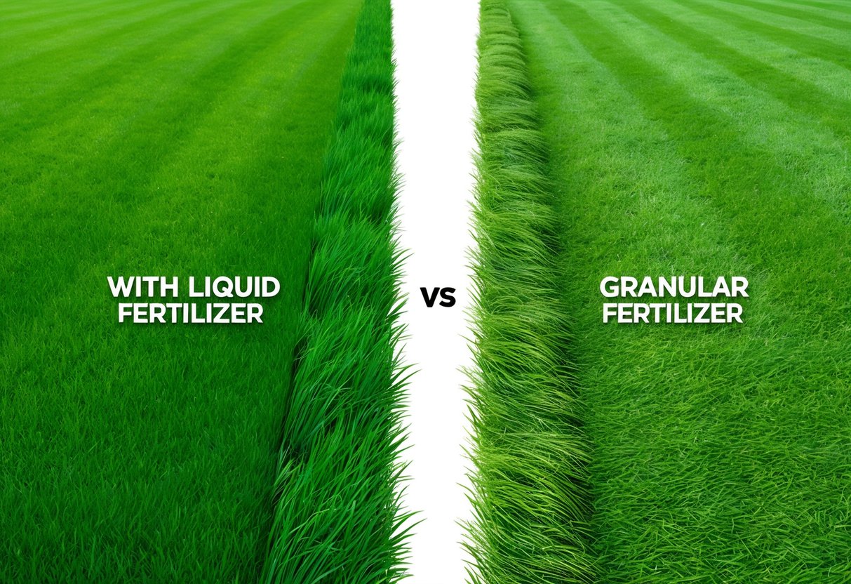 A lush green lawn split in half, one side treated with liquid fertilizer and the other with granular fertilizer, showcasing the difference in growth and health of the grass