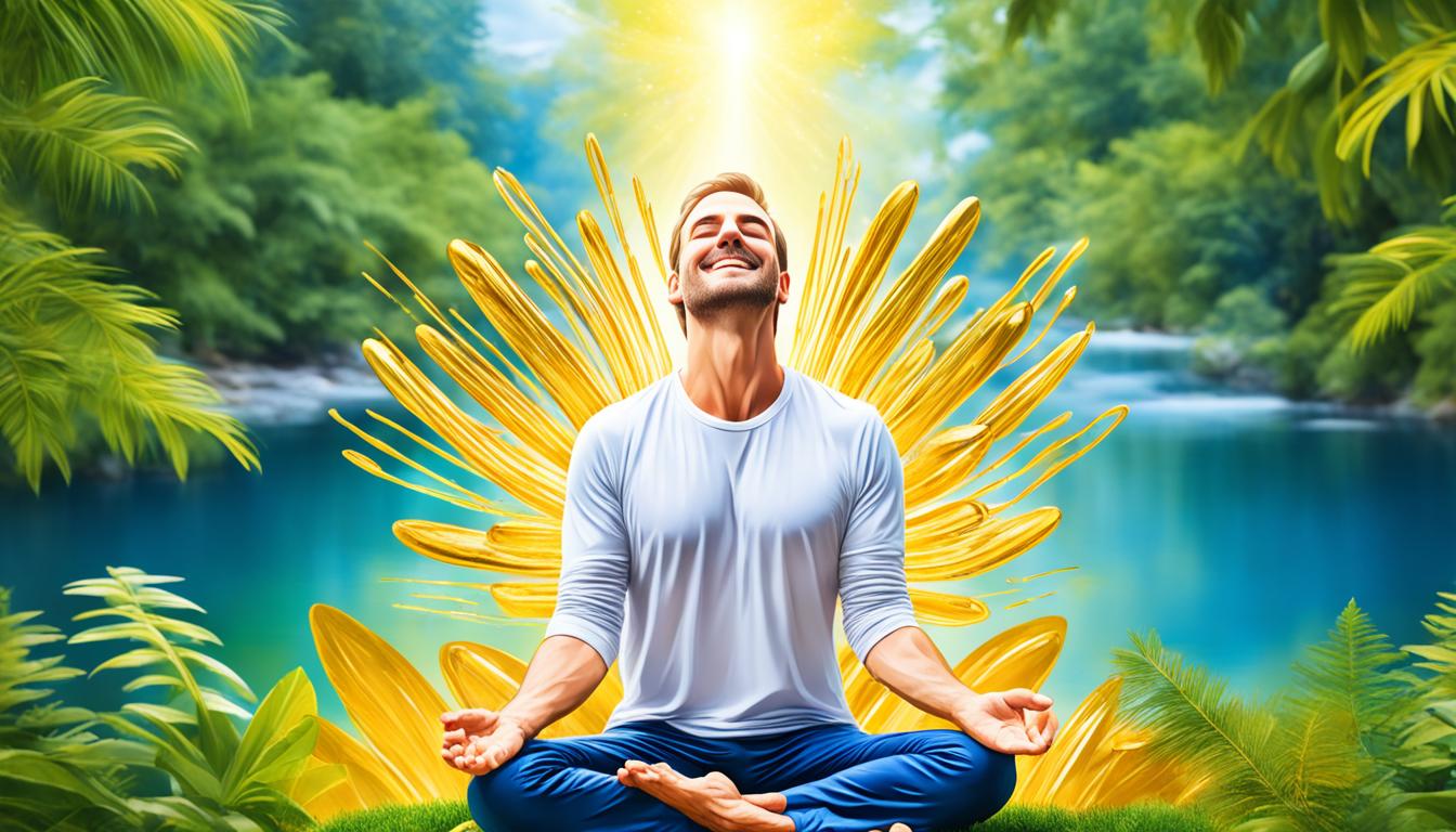 An image of a person sitting in a comfortable position with their eyes closed, breathing deeply. Their hands are resting on their lap, with palms up. Above them, visualize a golden stream of abundance flowing down from the universe and filling their body with joy and financial prosperity. In the background, there are lush green trees and a tranquil lake reflecting the blue sky. The image should convey a sense of peace, relaxation, and abundance.