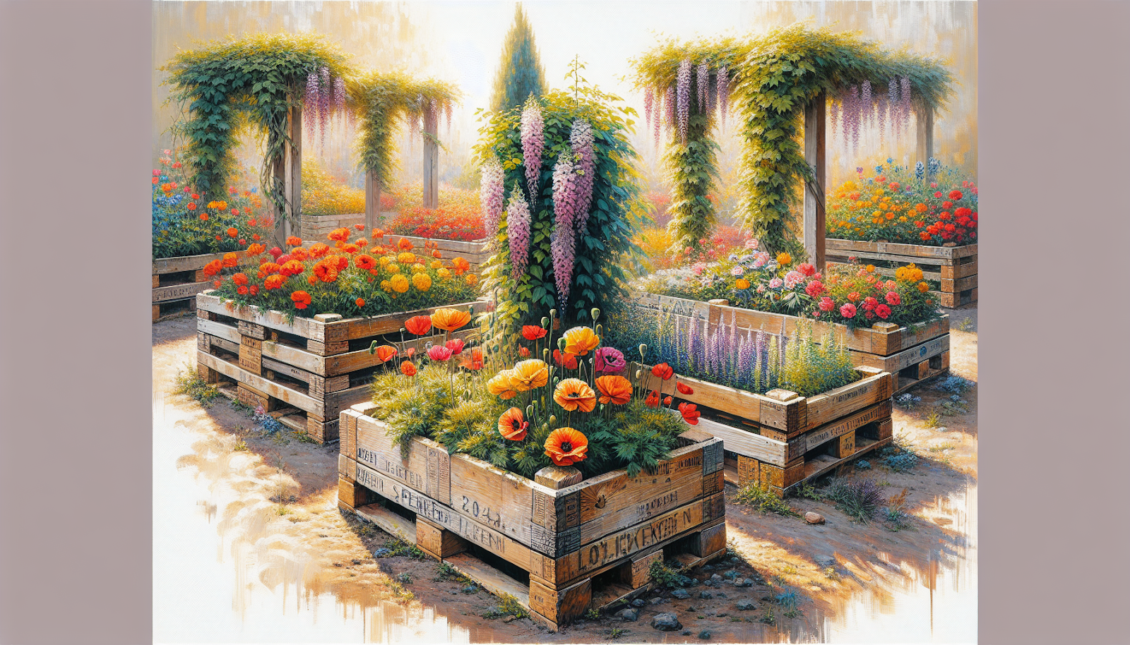 DIY raised garden beds with colorful flowers
