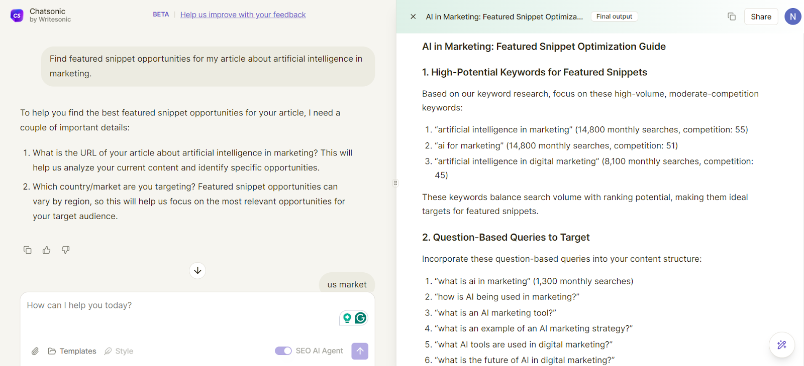 Chatsonic helps with featured snippet specific keyword research.