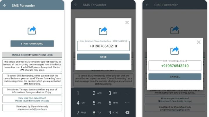 ภาพหน้าจอของแอป SMS Forwarder ที่แสดงการตั้งค่าแอป