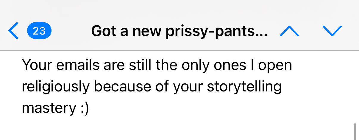 A screenshot of an email message preview on a mobile device. The subject line, partially visible, reads: "Got a new prissy-pants...". Below it, the email text says: "Your emails are still the only ones I open religiously because of your storytelling mastery :)". At the top left, there is a blue icon with the number 23, indicating unread messages.