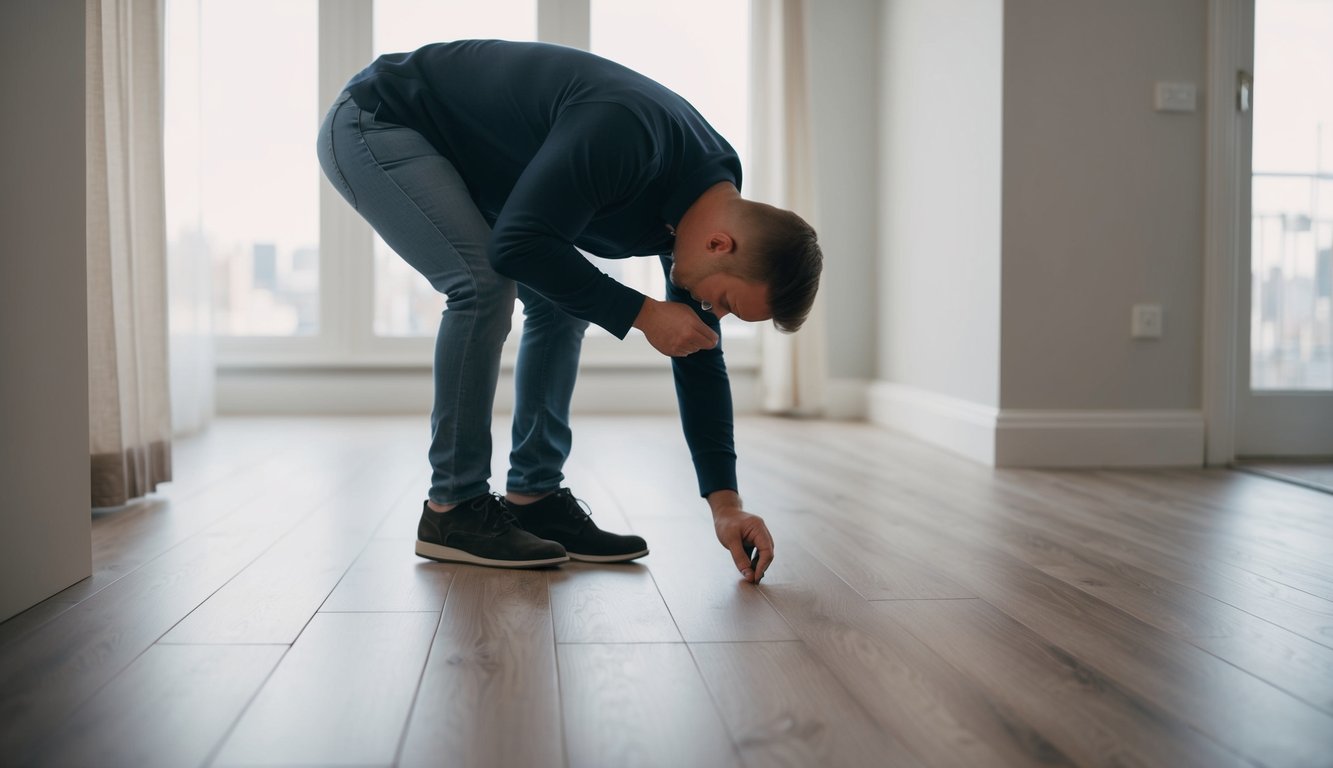 A room with SPC flooring being inspected for quality, with a person bending down to smell the floor