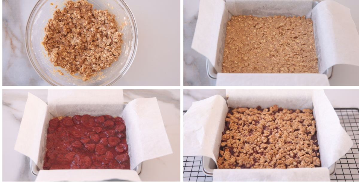 Four images showing how to make oat and jam bars. 