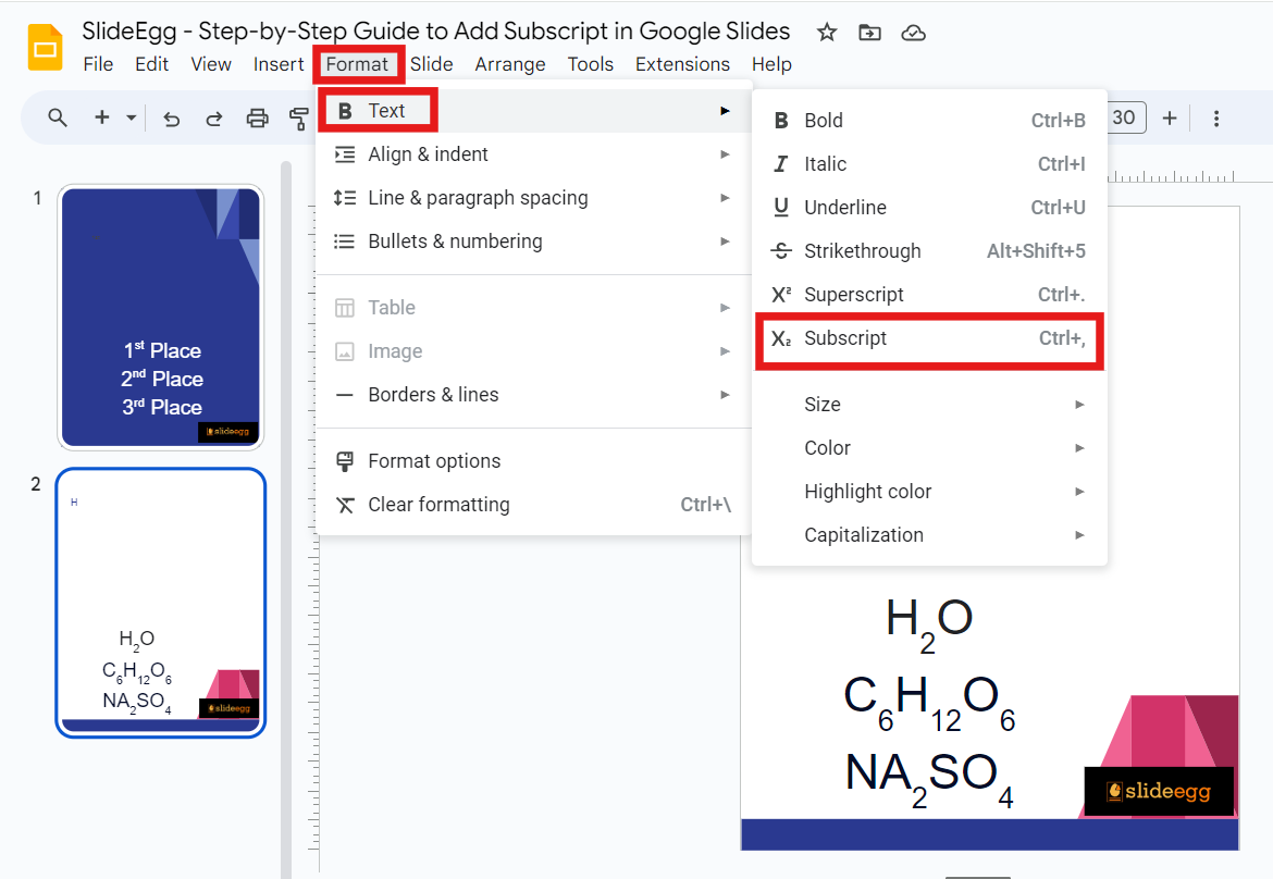 Google Slides Interface with Format > Text > Subscript option is highlighted