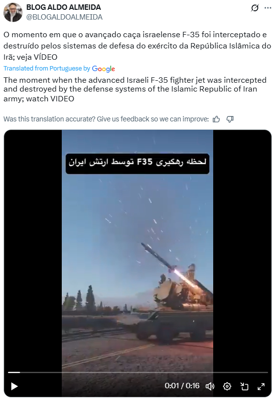 A video shows the moment an Israeli F-35 fighter jet was intercepted and downed by Iran's air defense systems.