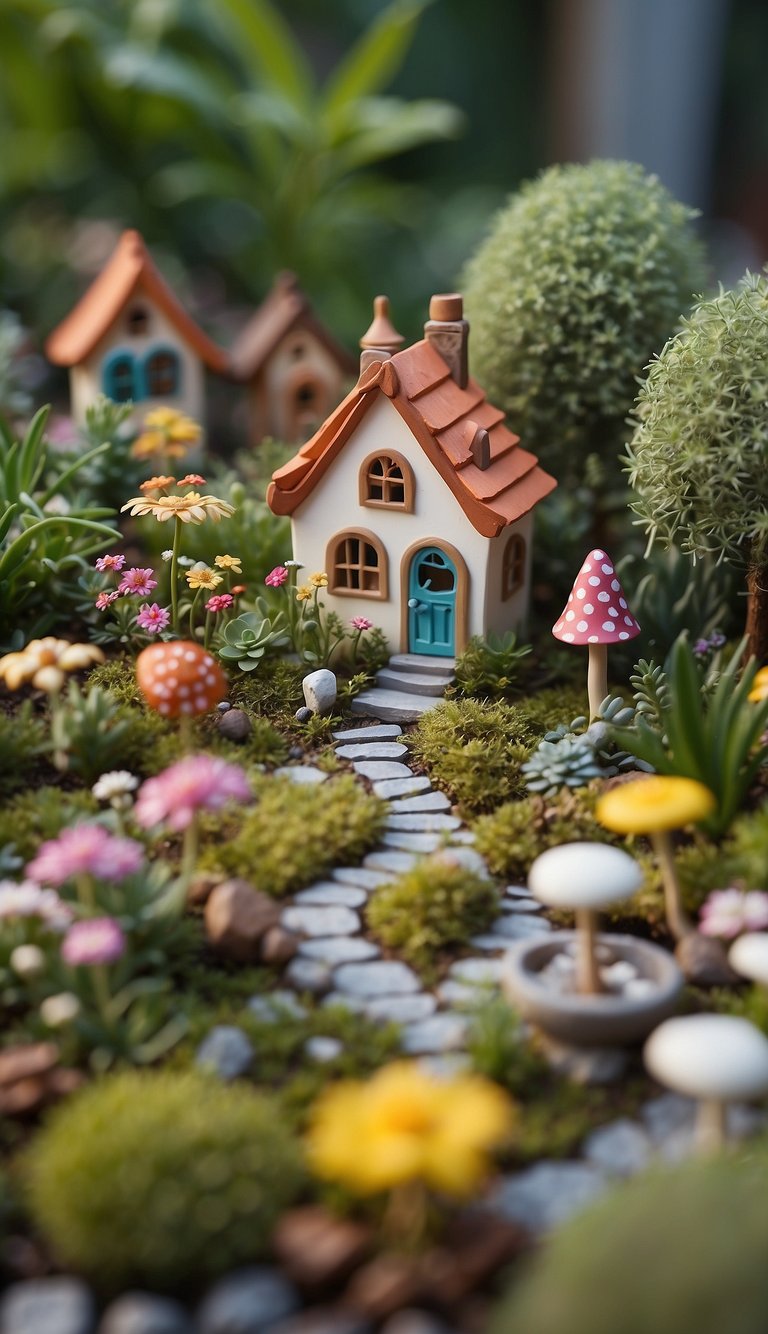 Mini garden tools arranged in a whimsical backyard fairy garden, surrounded by tiny plants, colorful flowers, and miniature fairy houses